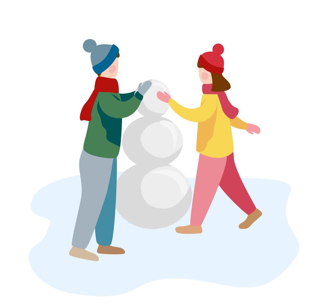 Children make snowman in the park. Flat vector illustration