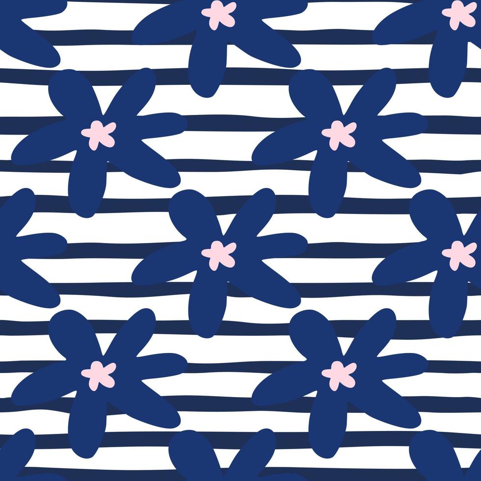Repeat seamless botanical pattern with daisy flowers elements. Navy blue floral silhouettes and white stripped background. vector