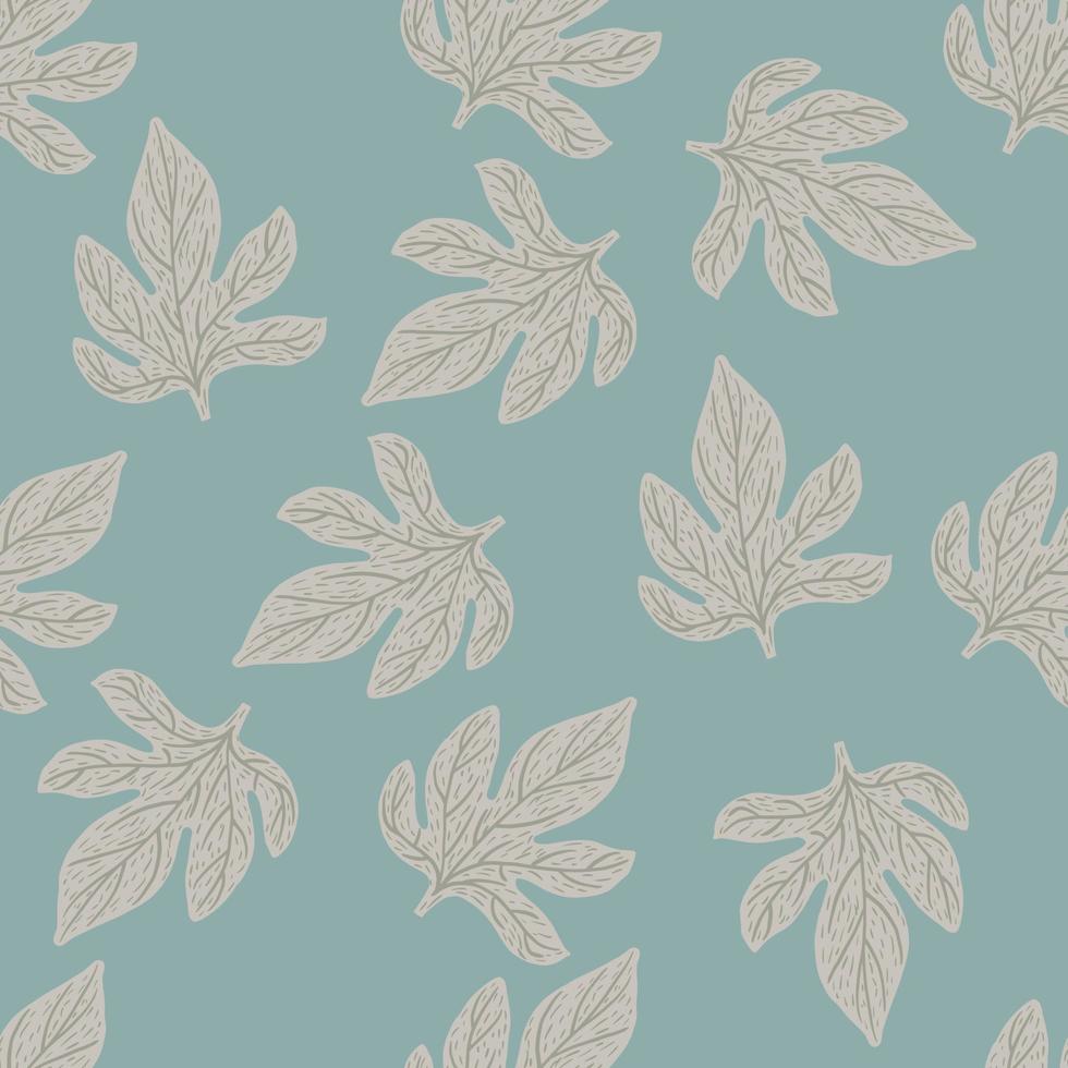 Nature seamless doodle pattern with hand drawn grey outline leaves ornament. Blue background. vector