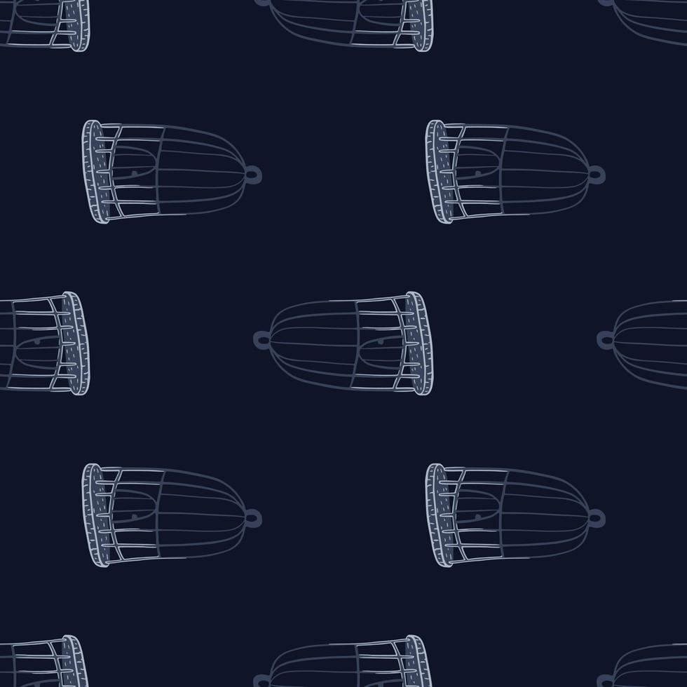 Dark cartoon seamless pattern with contoured bird cage silhouettes print on blue background. vector