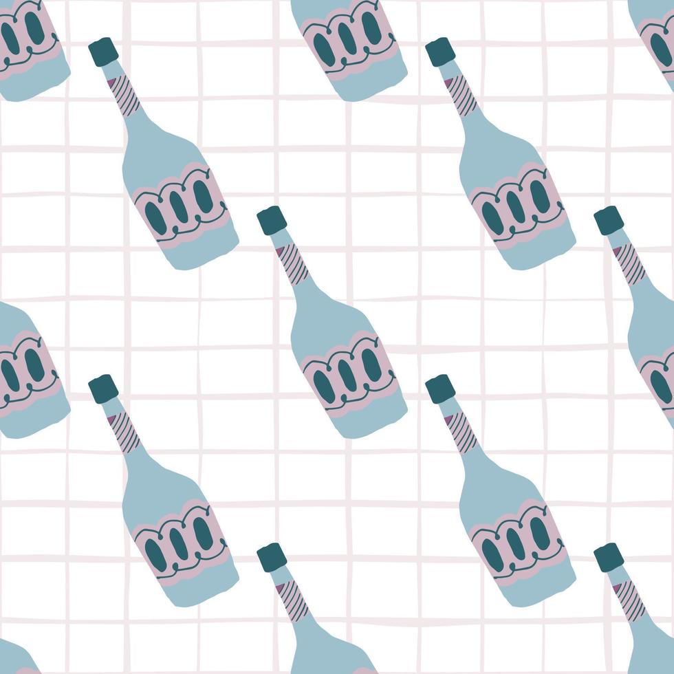 Funny glass bottle seamless pattern on stripes background. Alcohol rum bottles. vector