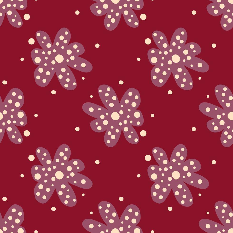 Abstract flower bud daisy seamless pattern on red background. Doodle floral endless wallpaper. vector