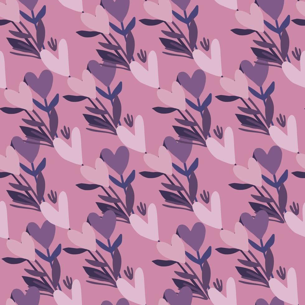 Twigs with hearts seamless floral pattern. Light violet background. Purple flowers. Simple doodle backdrop. vector