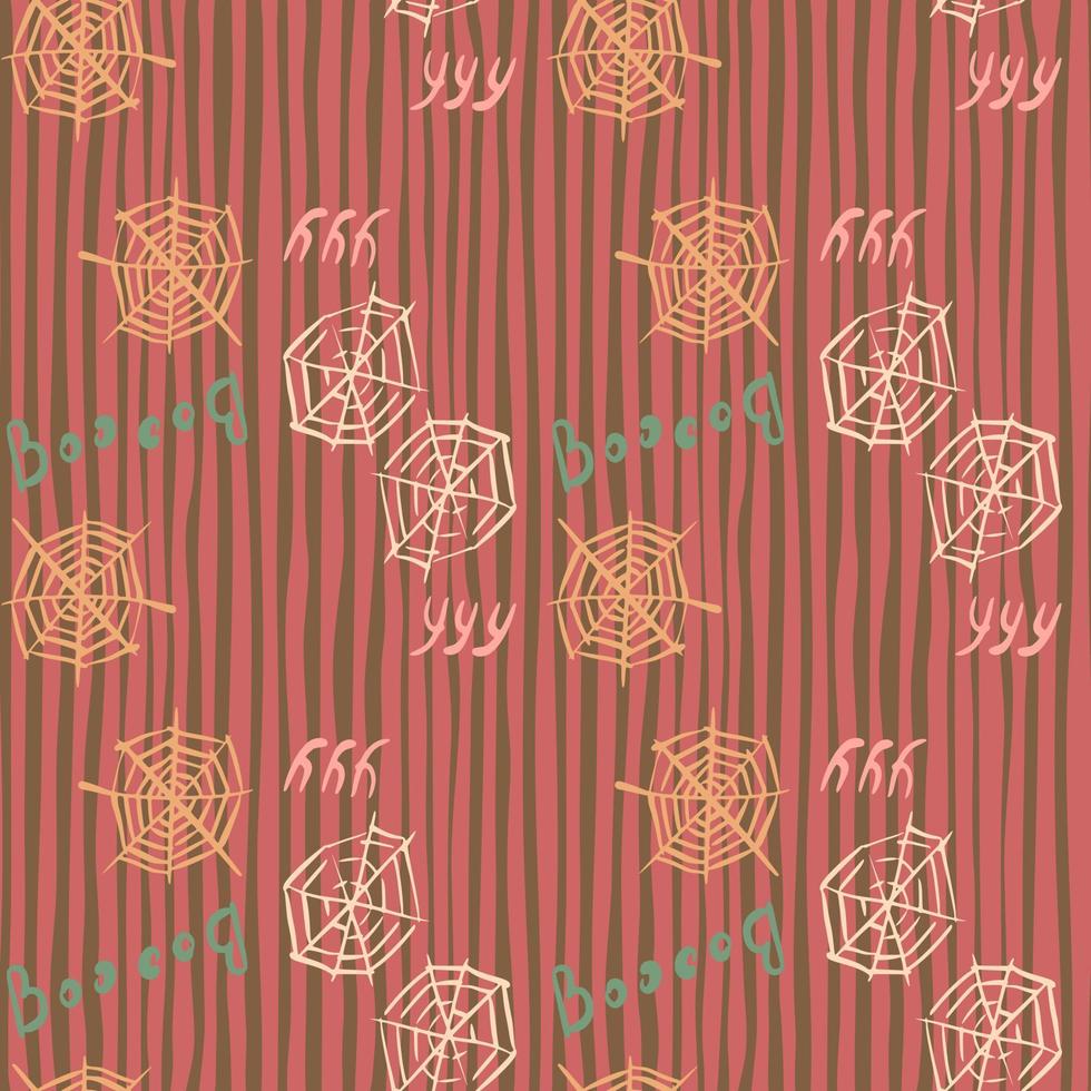 Seamless doodle pattern with spider web simple silhouettes. Pale yellow and white tones scary ornament. Stripped background. vector