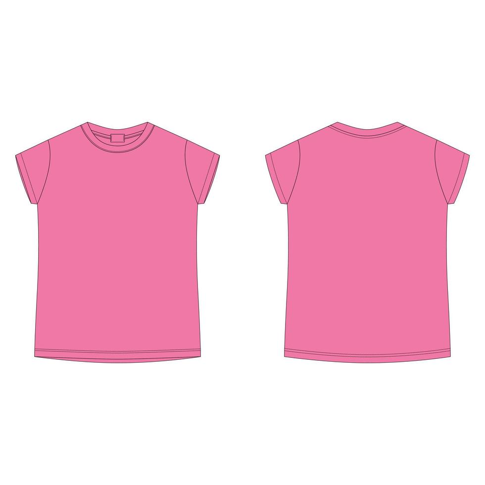 Bright pink cotton t-shirt blank template. Children's technical sketch tee shirt isolated on white background. Front and back. vector