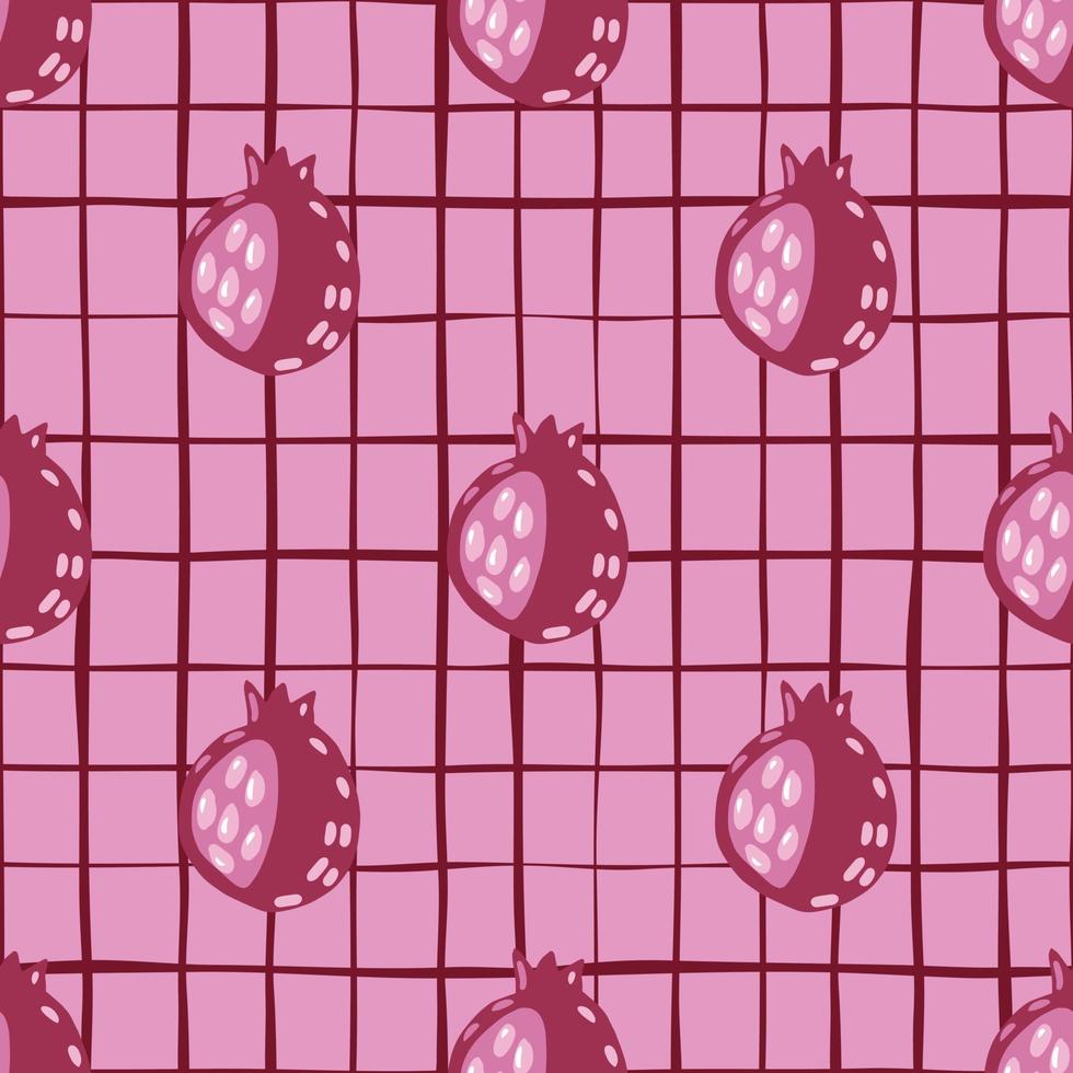Seamless creative pattern with garner food print. Fruit ornament and chequered background with lilac tones. vector