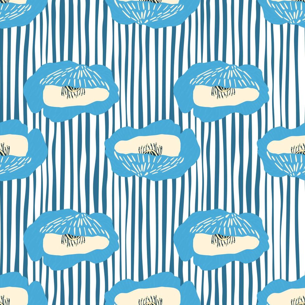 Spring flower buds seamless pattern. Stylized poppy print and stripped background in blue and white colors. vector