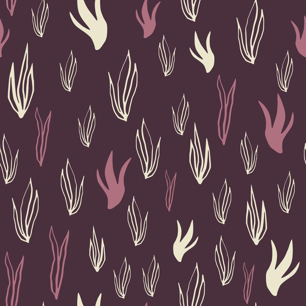Dark seamless pattern with outline white and pink contoured seaweeds. Maroon background. Underwater print. vector