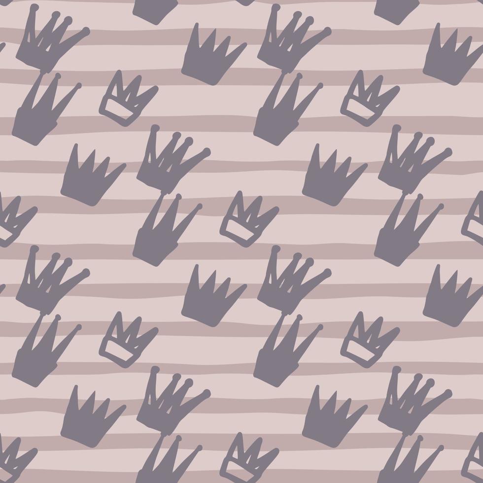 Soft purple crown silhouettes seamless pattern. Stripped background. Simple hand drawn backdrop. vector