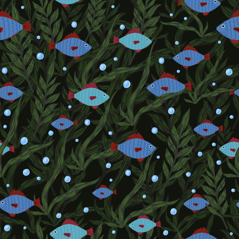 Dark plankton print seamless pattern, Blue fishes and random seaweed silhouettes. Black background with water bubbles. vector