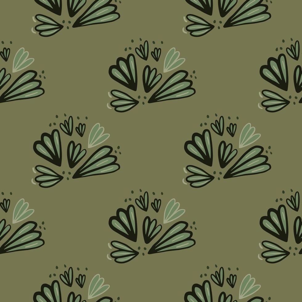 Seamless flower outline shapes pattern. Hand drawn botanic black contoured ornament and background in green pale tones. vector