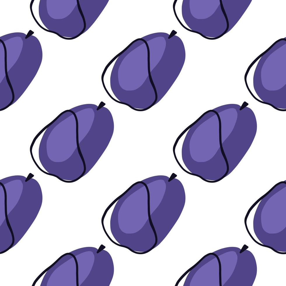 Isolated seamless pattern with organic harvest plums silhouettes. Purple ornament. Summer food backdrop. vector