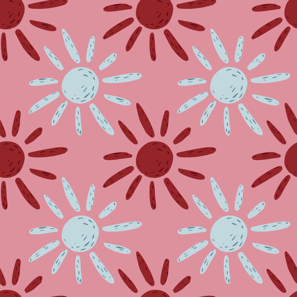 Abstract seamless geometric pattern with sun red and light blue shapes. Pink background. vector