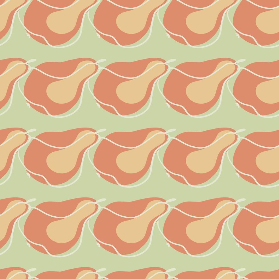 Modern pale tones seamless pattern with pink contoured pear fruits shapes. Pale green background. Doodle print. vector