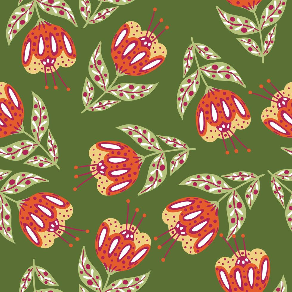 Abstract botanic seamless doodle pattern with red folk flowers elements. Green olive background. Random print. vector