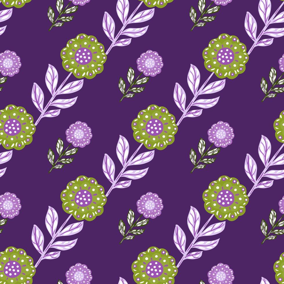 Floral decorative seamless pattern with doodle green folk flowers ornament. Purple bright background. vector