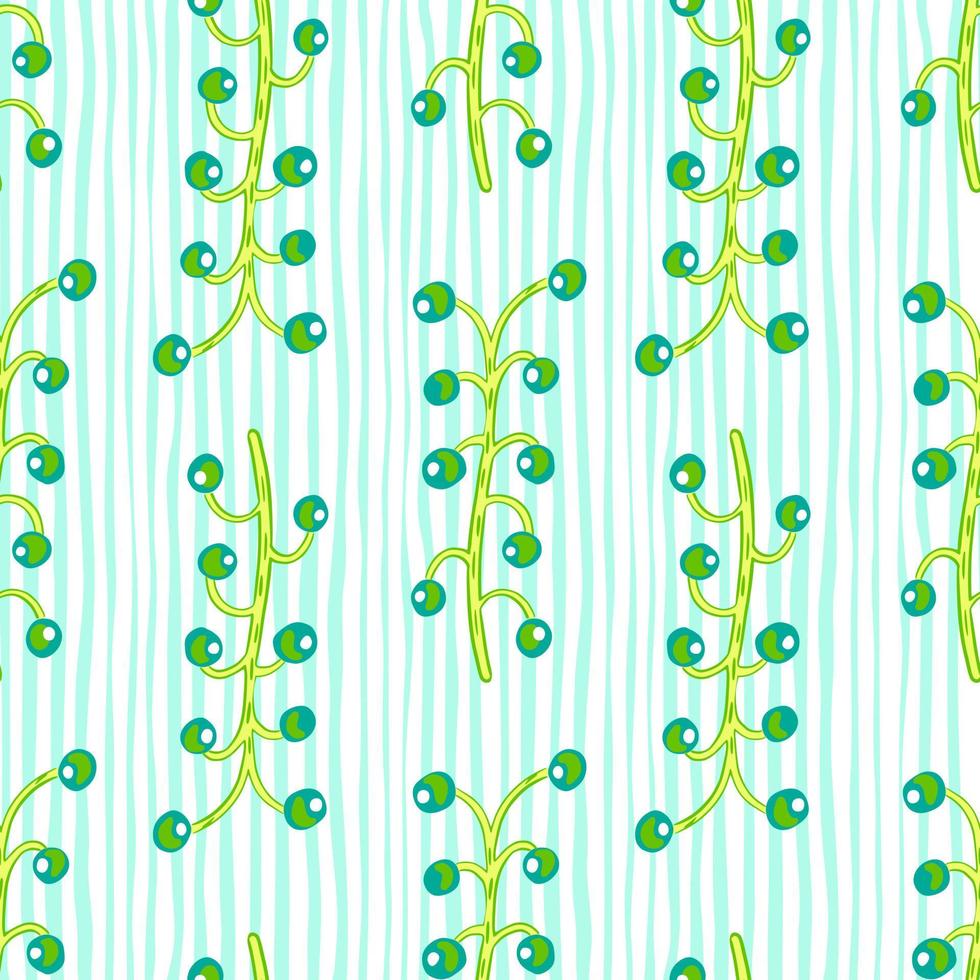 Abstract botanic seamless pattern with blue and green colored berry branches shapes. Striped background. vector