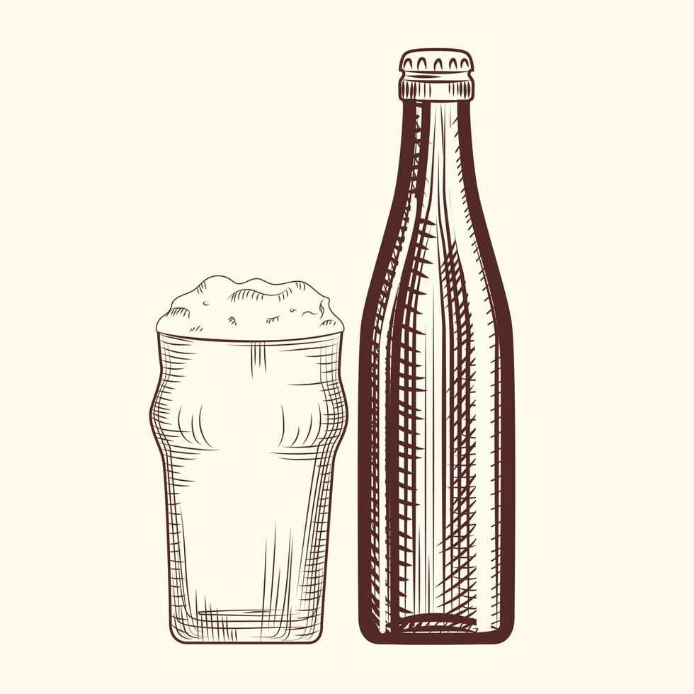 botella de cerveza y vaso. estilo de grabado. ilustración dibujada a mano vector