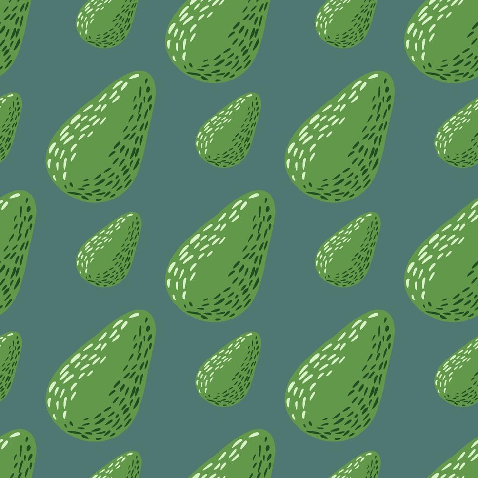 Green colored seamless pattern with avocado doodle elements. Navy blue background. vector