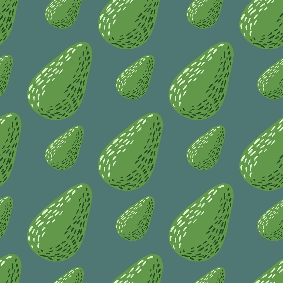 Green colored seamless pattern with avocado doodle elements. Navy blue background. vector