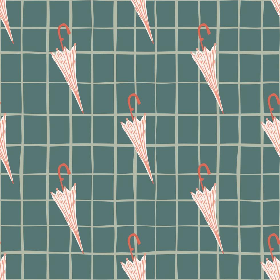 Pink minimalistic seamless pattern with pink umbrella elements. Green chequered background. vector