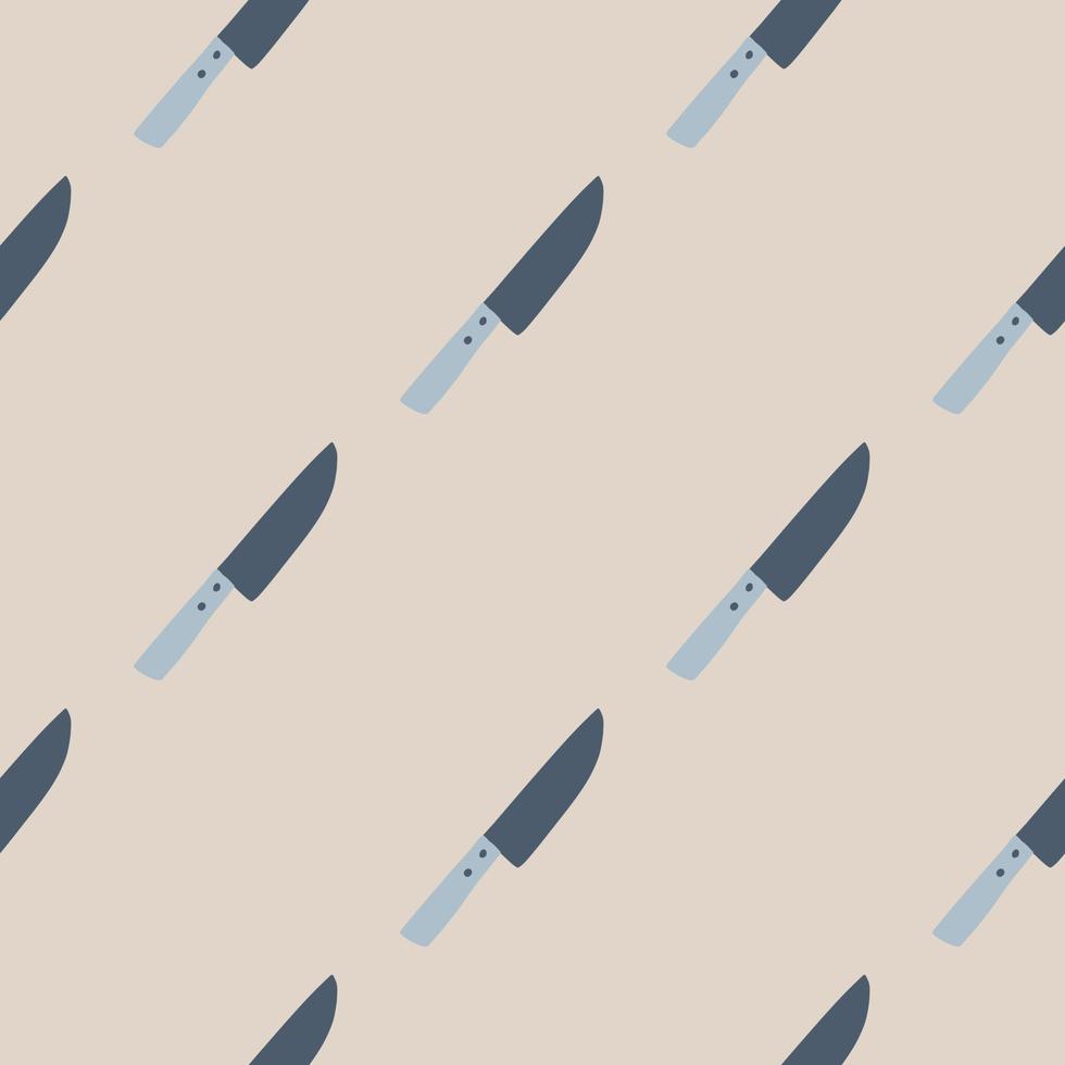 patrón minimalista sin costuras con adorno de cuchillo diagonal. ilustraciones de herramientas de cocina en tonos pastel claros. fondo beige. vector