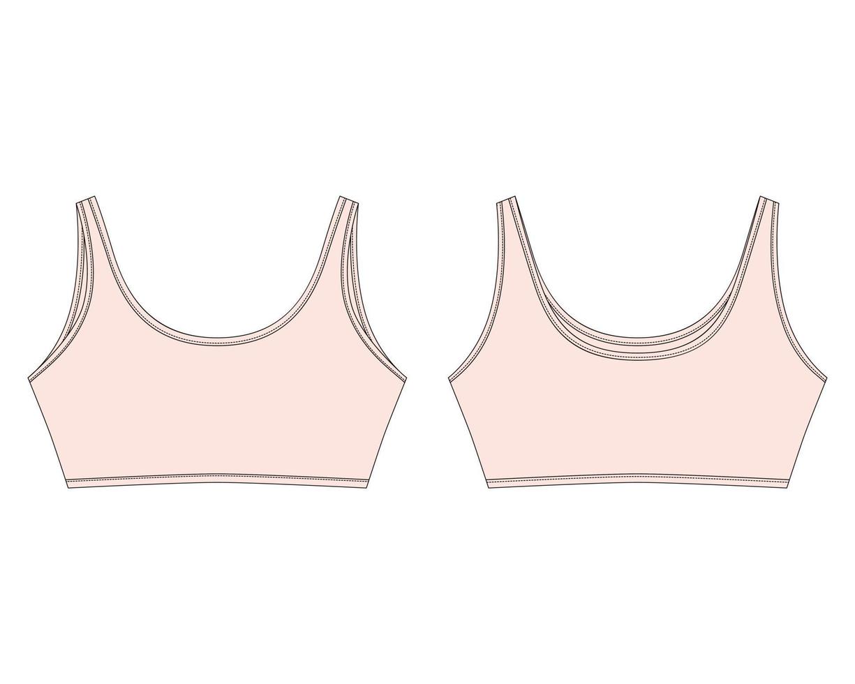 Technical sketch crop top in light pink color Sport bra isolated on white background. Yoga underwear design template. vector