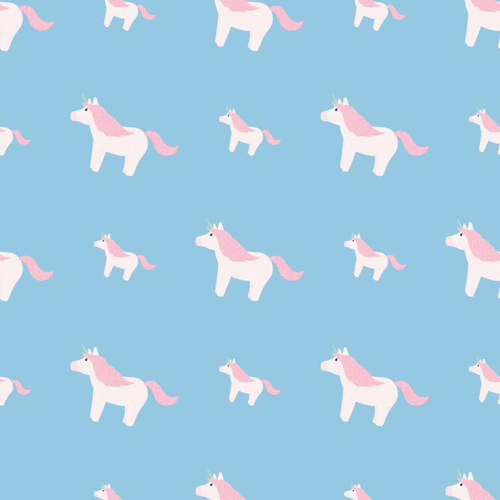 Baby sweet seamless doodle pattern with unicorn ornament. White and pink colored cute pony elements on blue background. vector