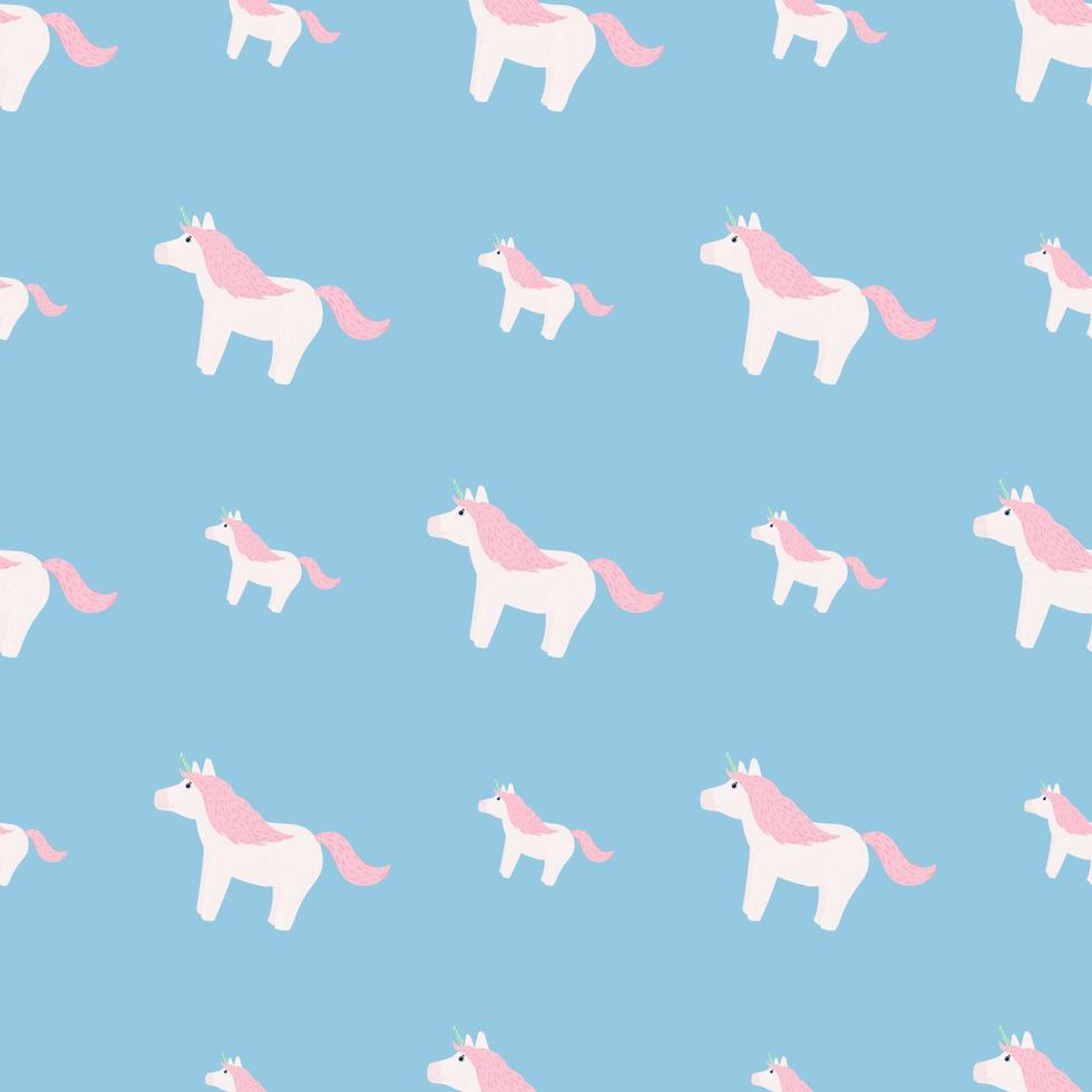 Baby sweet seamless doodle pattern with unicorn ornament. White and pink colored cute pony elements on blue background. vector