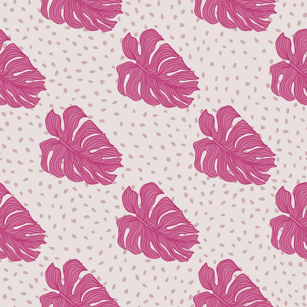 Modern pink monstera leaves silhouette seamless pattern on dots background. Abstract tropical foliage backdrop. vector