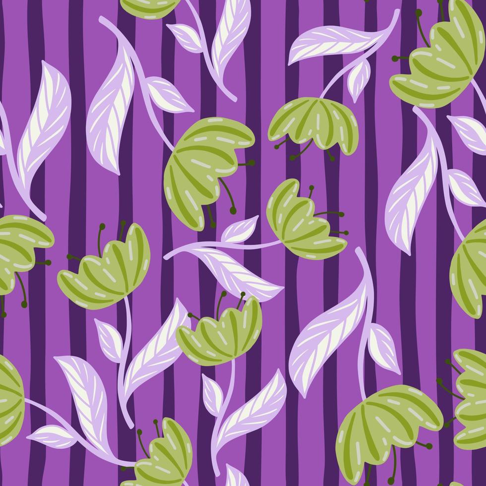 Decorative green random poppy flowers print seamless pattern. Purple striped background. Doodle style. vector