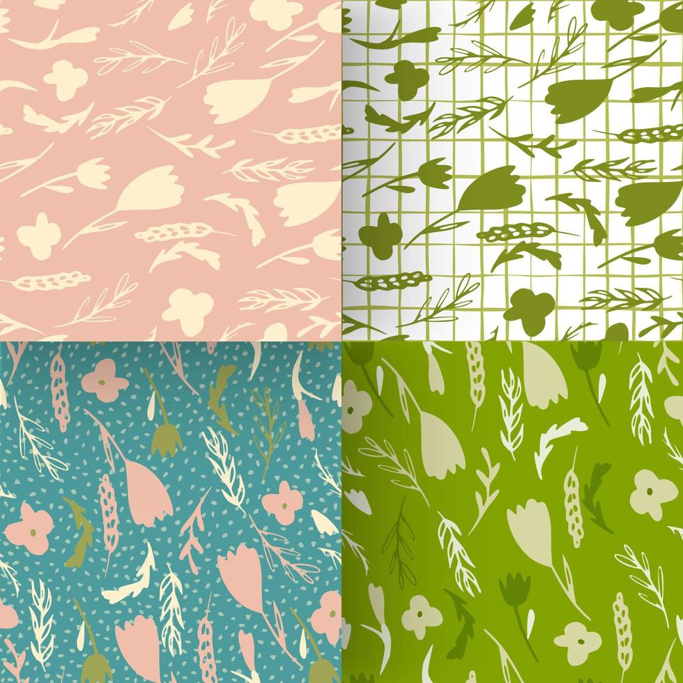 Set of seamless forest pattern with branches and flowers silhouettes. vector
