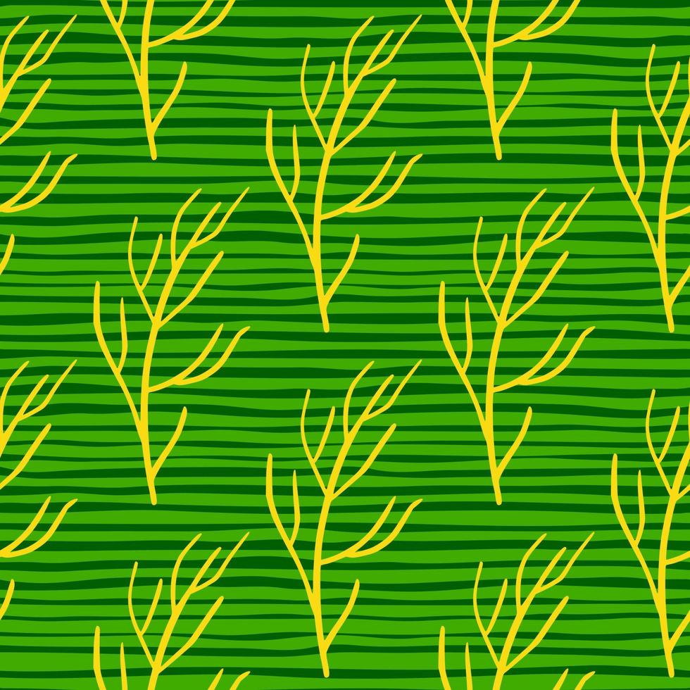 Yellow branches shapes ornament seamless doodle pattern. Bright green striped background. Simple design. vector