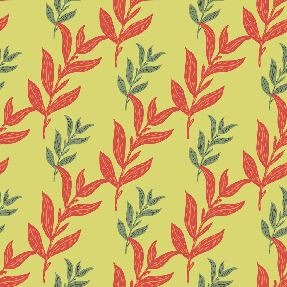 Red and green abstract leaves branches seamless botanical pattern on yellow background. vector