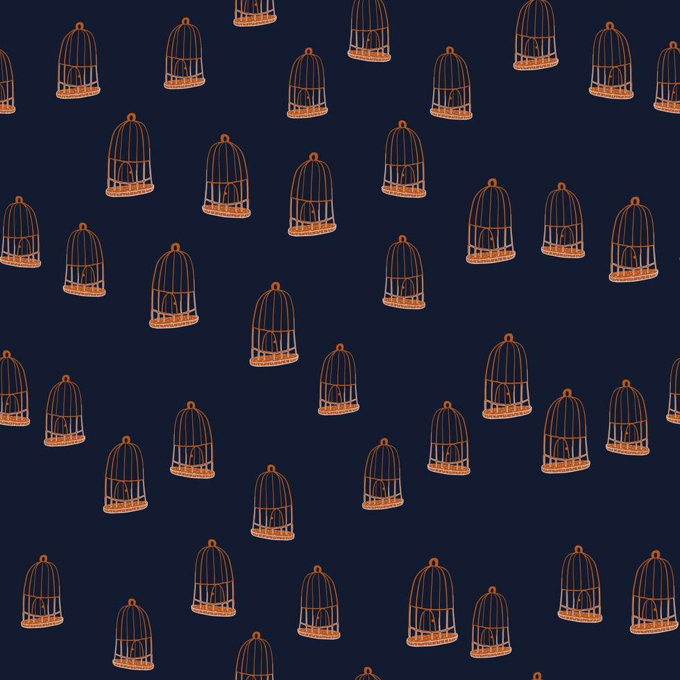 Dark cartoon seamless pattern with contoured bird cage silhouettes print on navy blue background. vector