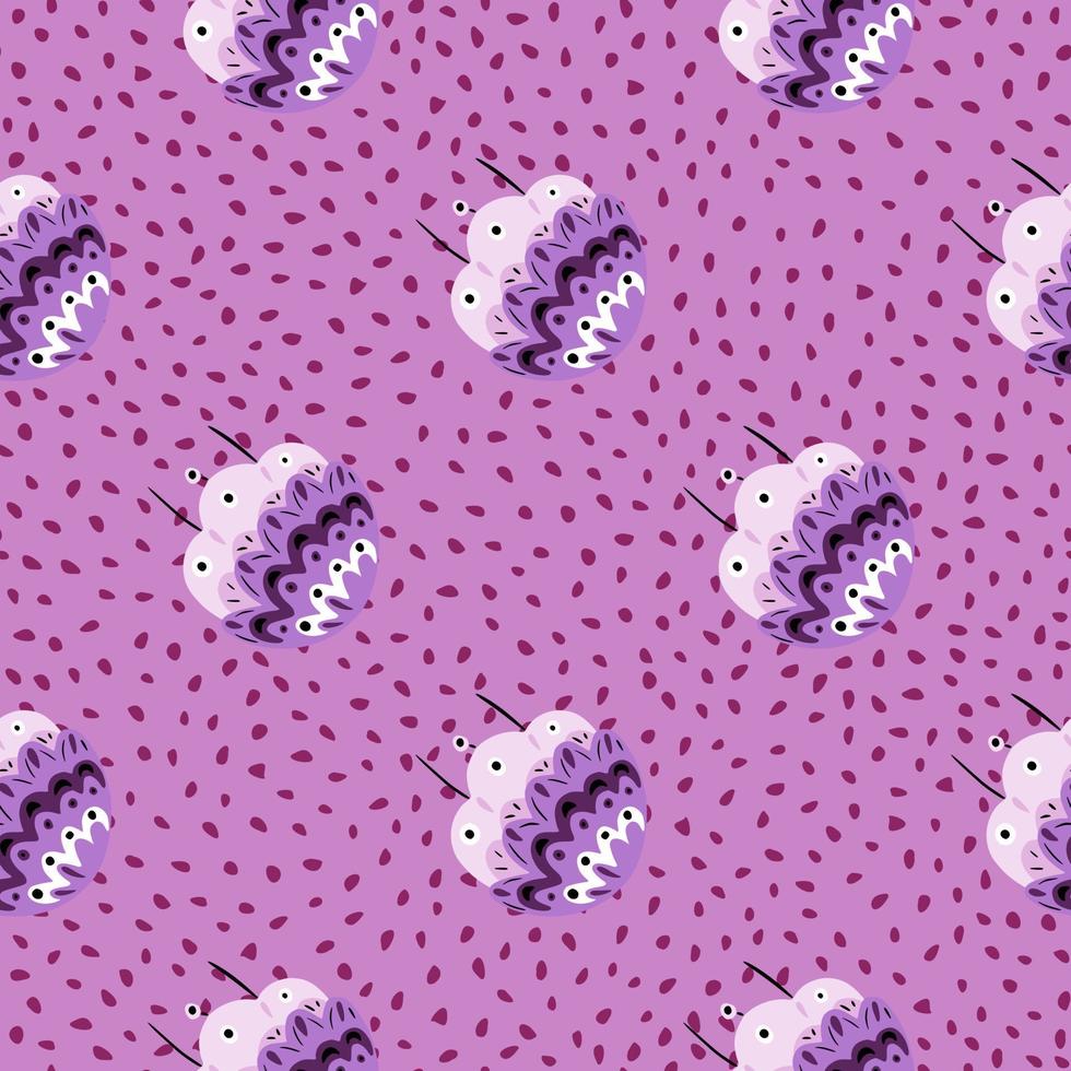 Decorative seamless pattern with botanic purple folk flowers silhouettes. Lilac background with dots. vector