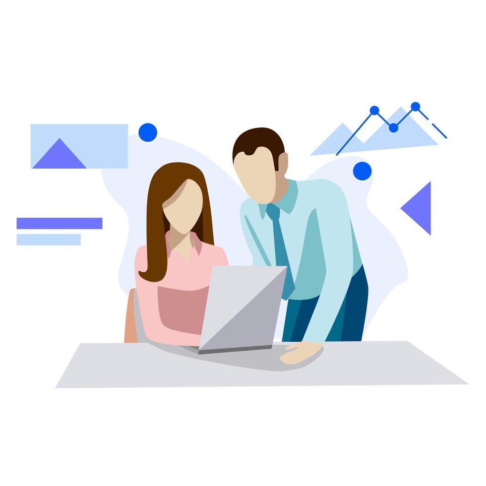 Vector illustration, flat style, businessmen discuss, news, office concept business people. Concept thoughts and analytics, Start up, man is thinking the idea, discuss the work