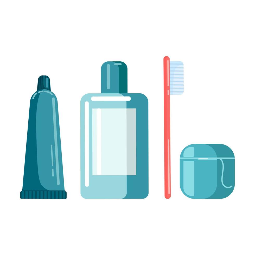 conjunto de cuidado de la boca. un tubo de pasta de dientes, enjuague bucal, cepillo de dientes e hilo dental vector