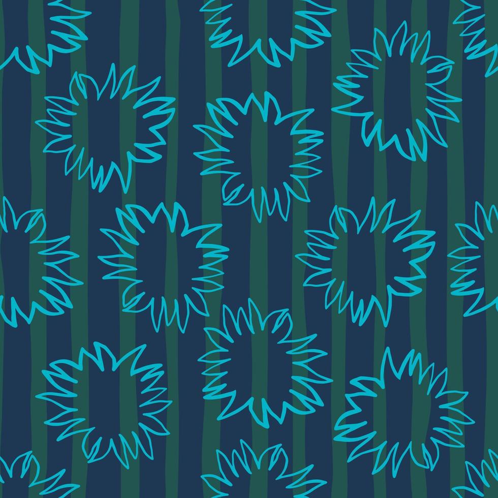Random blue geometric star ornament seamless pattern. Outline contoured shapes on striped dark background. vector
