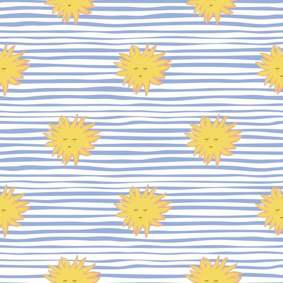 Summer positive sun faces ornament seamless pattern. Hand drawn yellow stars on striped background with white and blue lines. vector
