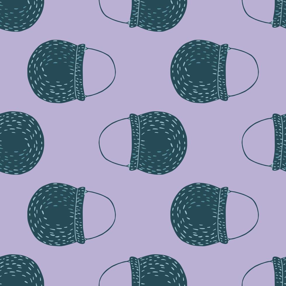 Creative seamless sorcery pattern with navy blue simple pots silhouettes. Light purple background. vector