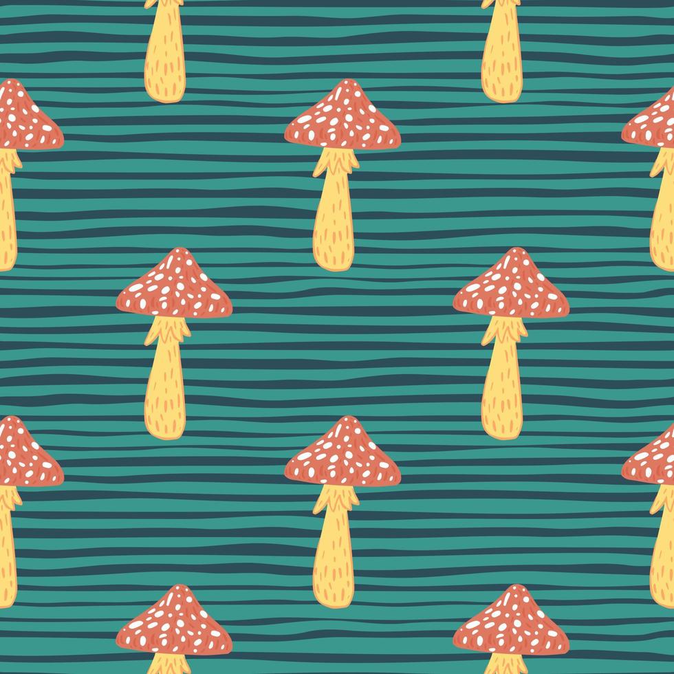 Seamless cartoon forest pattern with red and orange colored mushroom print. Blue striped background. vector