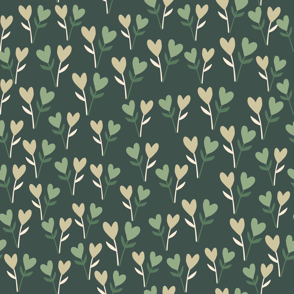 Random little twigs with hearts seamless floral pattern. Green background. Simple doodle backdrop. vector