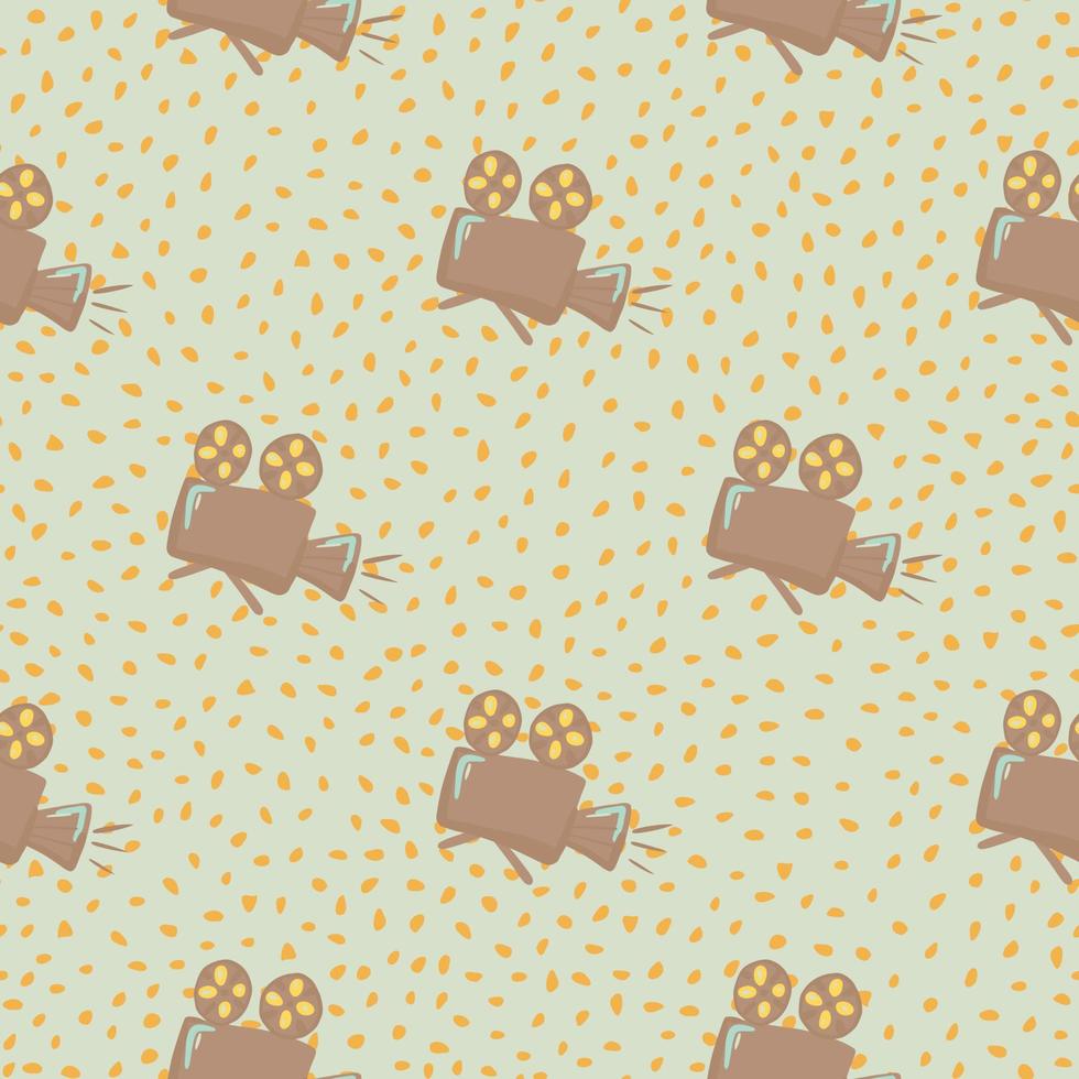 Pale seamless cinema pattern with cameras. Stylized ornament in beige tones on light grey dotted background. vector