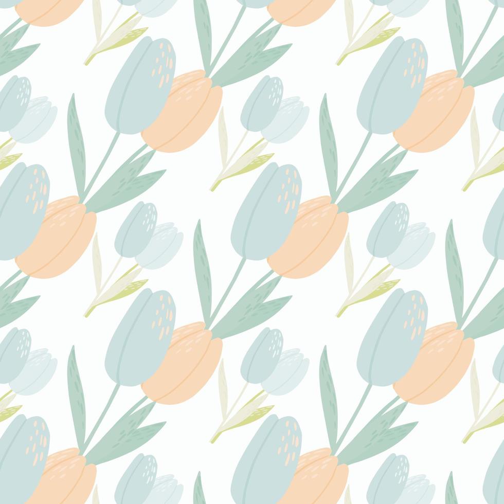 Isolated light seamless pattern with blue and pink tulips. Pastel floral ornament on white background. vector