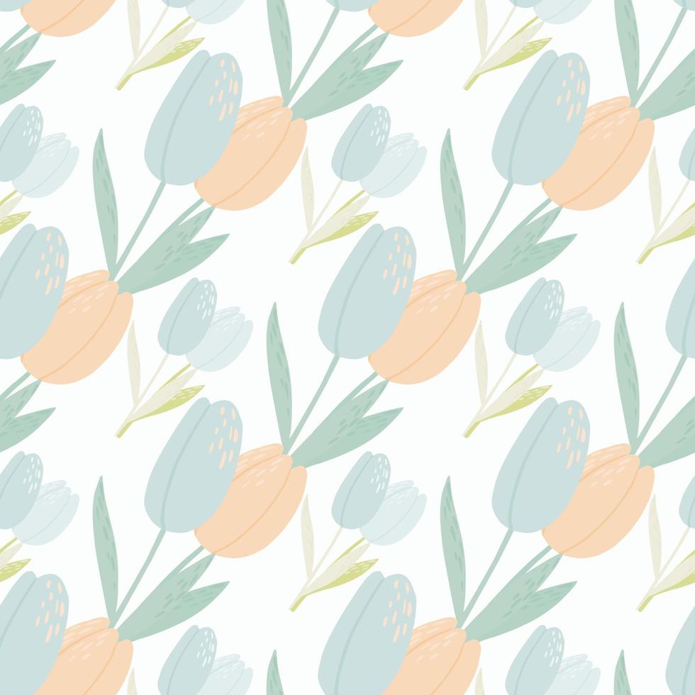 Isolated light seamless pattern with blue and pink tulips. Pastel floral ornament on white background. vector