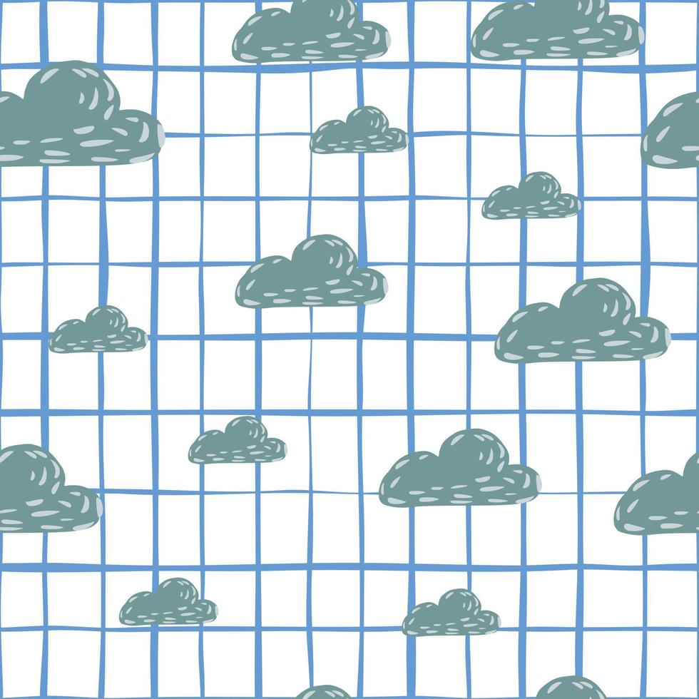 patrón aleatorio de garabatos sin costuras con formas de nubes de color azul marino. fondo blanco a cuadros. vector