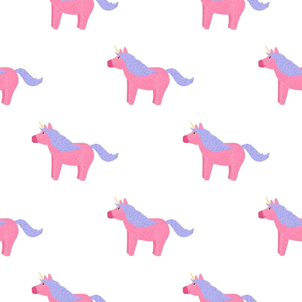 Isolated seamless pattern with cartoon unicorn horses ornament. Pink and blue colored pony on white background. vector
