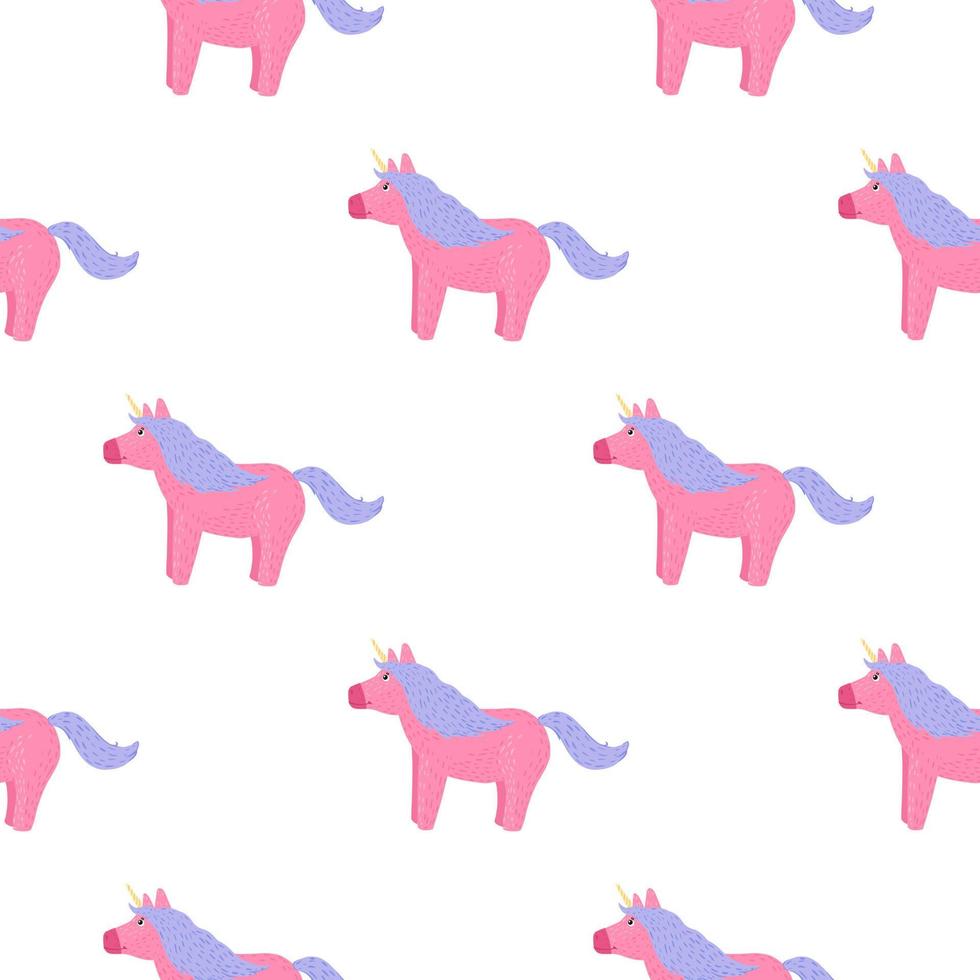 Isolated seamless pattern with cartoon unicorn horses ornament. Pink and blue colored pony on white background. vector