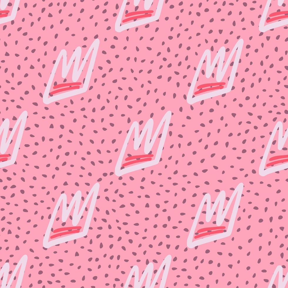 Simple seamless pattern with light contoured crowns. Pink background with dots. Hand drawn ornament. vector